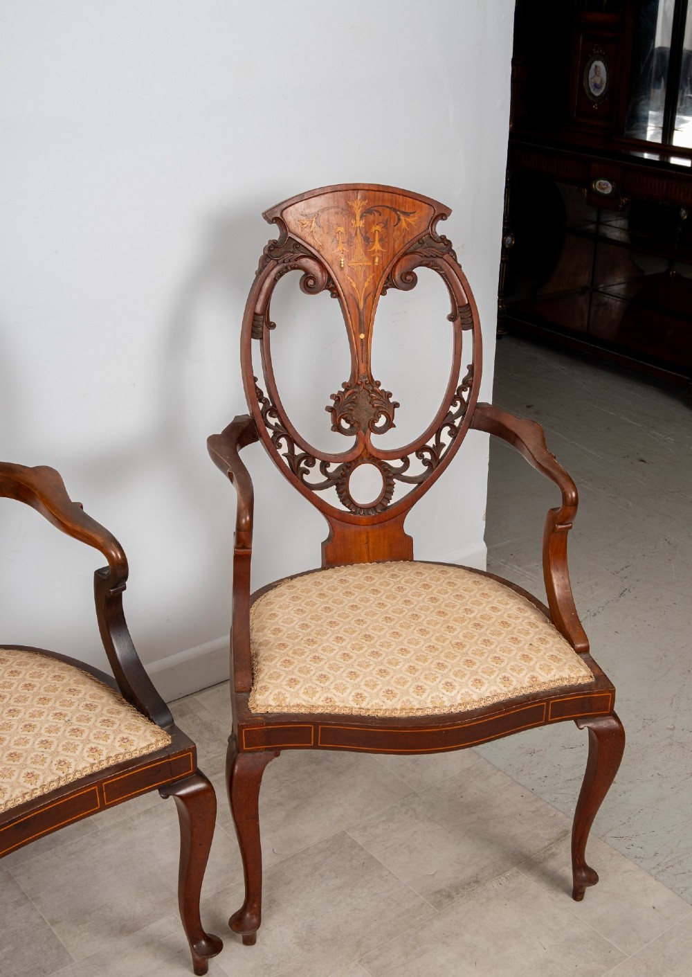 Antique Edwardian Mahogany, Satinwood & Marquetry Inlaid Salon Suite – Settee, 2 Armchairs & 4 Chairs c.1900 View VIII