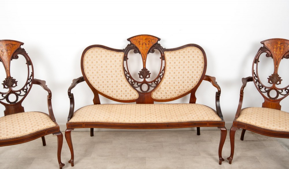Antique Edwardian Mahogany, Satinwood & Marquetry Inlaid Salon Suite – Settee, 2 Armchairs & 4 Chairs c.1900 View IX