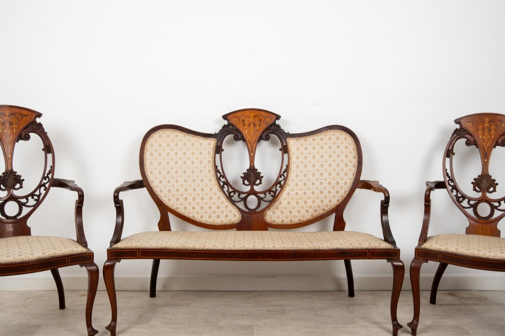 Antique Edwardian Mahogany, Satinwood & Marquetry Inlaid Salon Suite – Settee, 2 Armchairs & 4 Chairs c.1900 View X