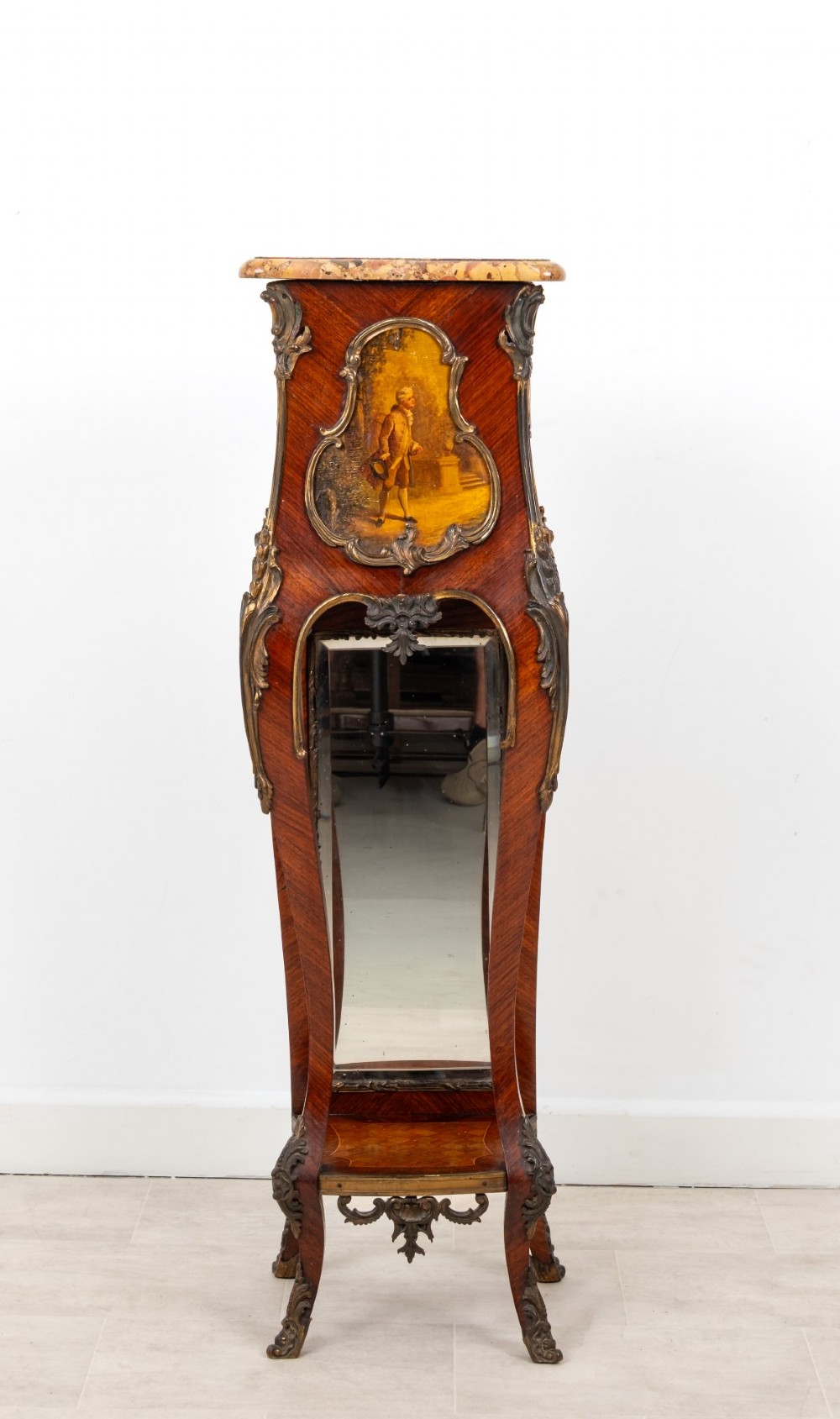 A tall French Rococo style kingwood pedestal stand featuring a marble top, gilt bronze mounts, a hand-painted Vernis Martin scene, and a mirrored lower alcove. View II