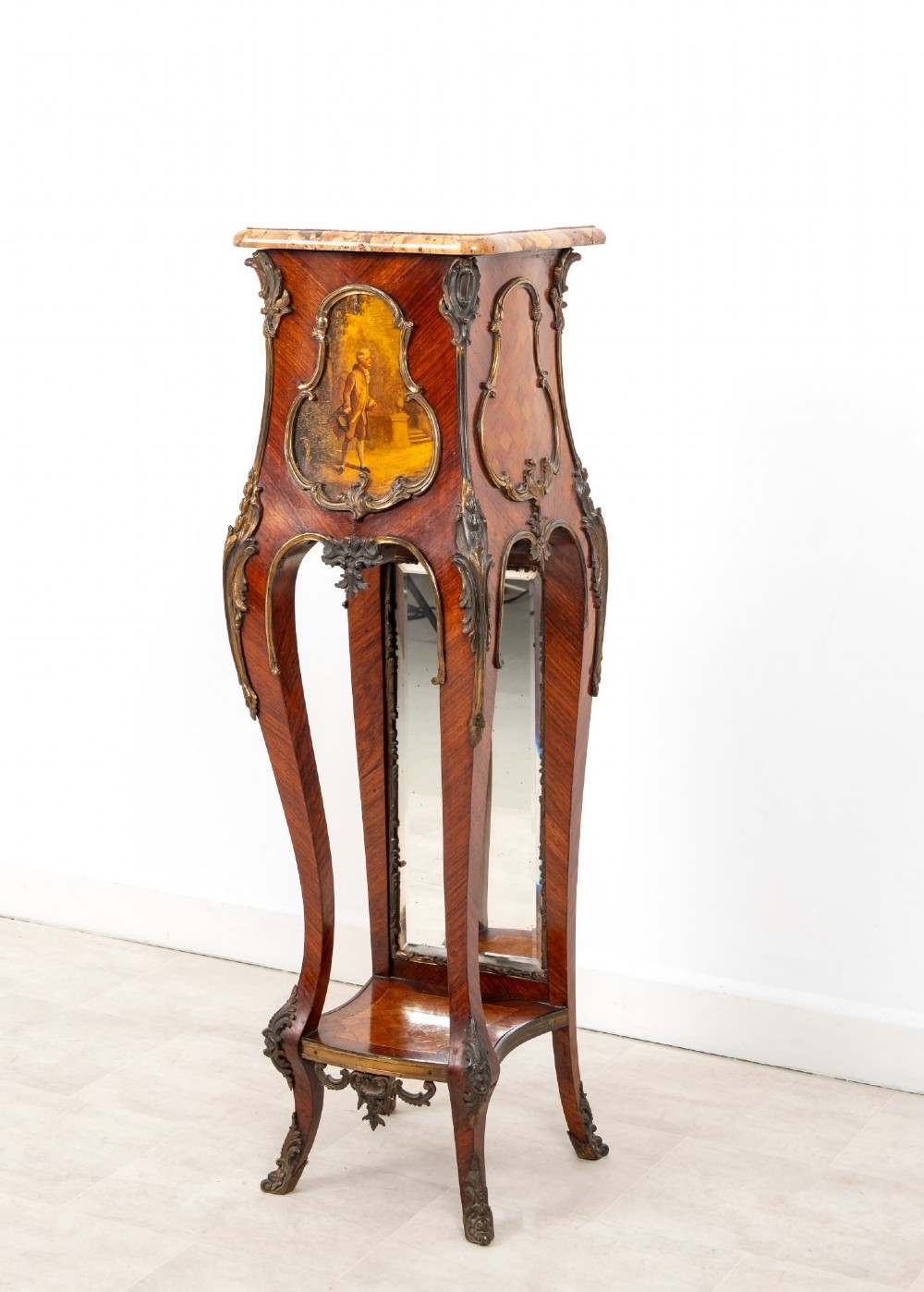 A tall French Rococo style kingwood pedestal stand featuring a marble top, gilt bronze mounts, a hand-painted Vernis Martin scene, and a mirrored lower alcove. View IV