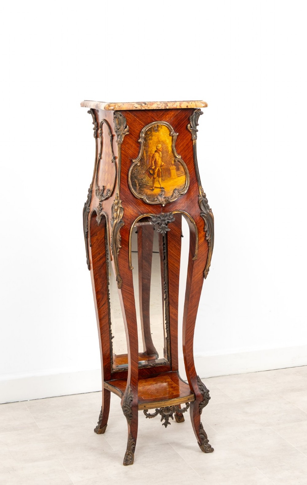 A tall French Rococo style kingwood pedestal stand featuring a marble top, gilt bronze mounts, a hand-painted Vernis Martin scene, and a mirrored lower alcove. View V