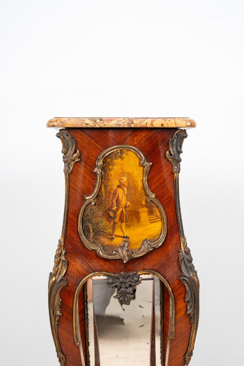 A tall French Rococo style kingwood pedestal stand featuring a marble top, gilt bronze mounts, a hand-painted Vernis Martin scene, and a mirrored lower alcove. View VI