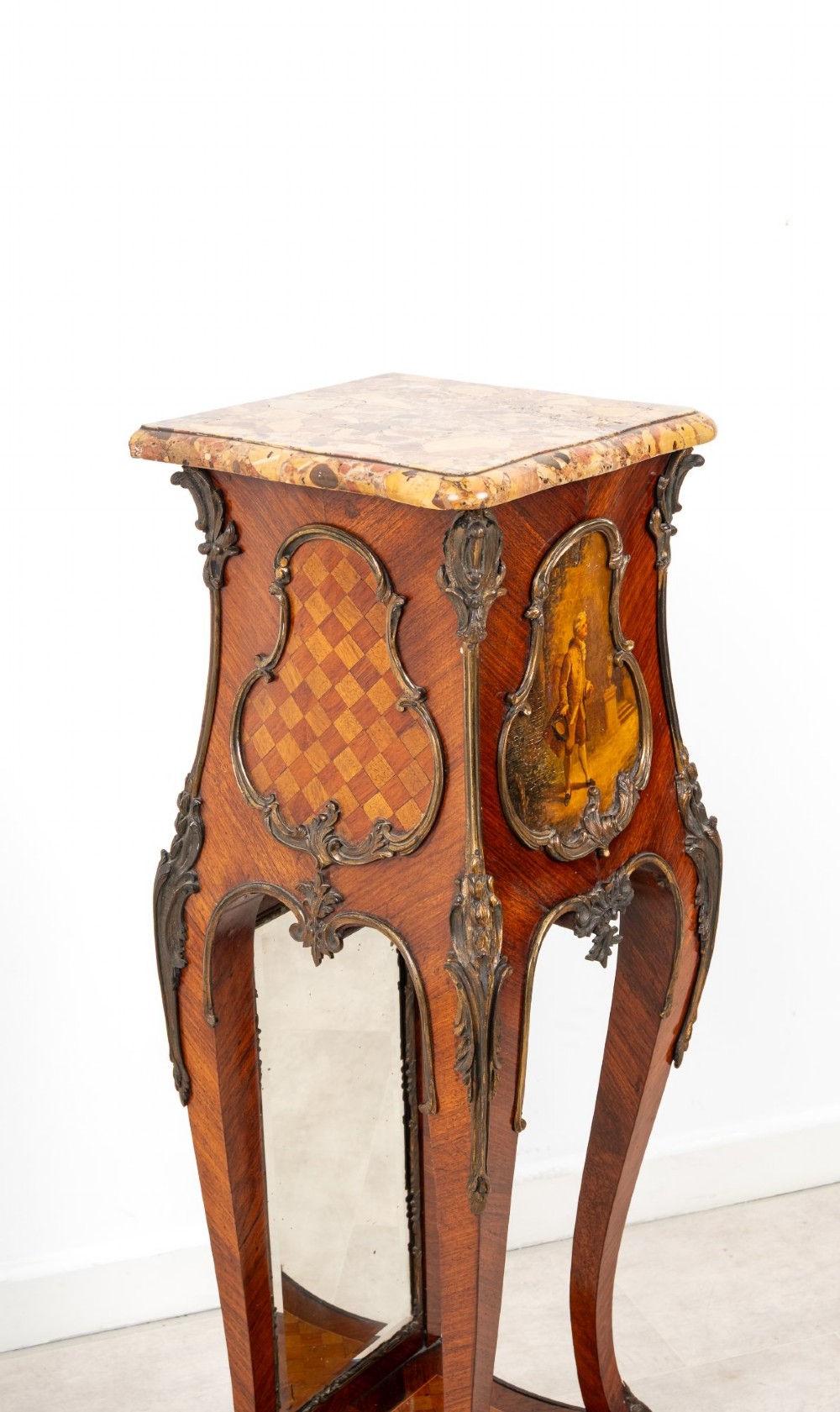 A tall French Rococo style kingwood pedestal stand featuring a marble top, gilt bronze mounts, a hand-painted Vernis Martin scene, and a mirrored lower alcove. View VII