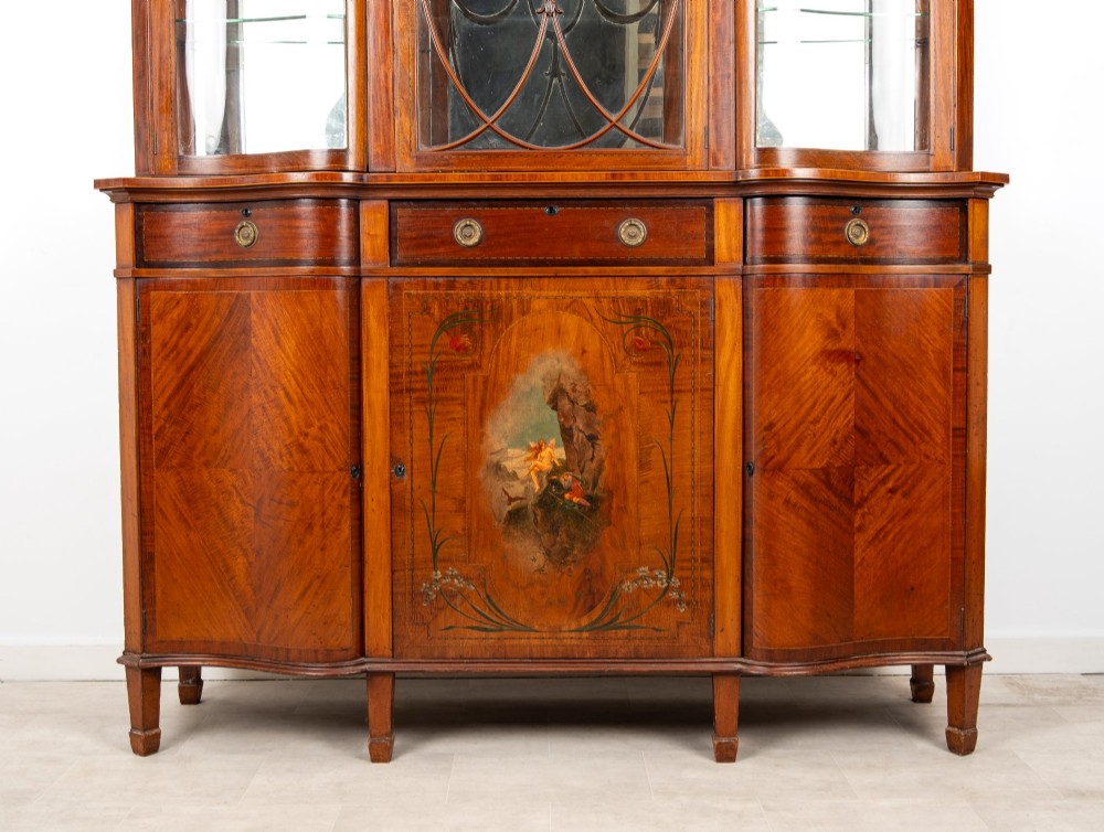 An Edwardian mahogany serpentine display cabinet featuring a central glazed door with geometric astragal glazing, glass side panels, and a hand-painted floral landscape panel on the lower central door. View II