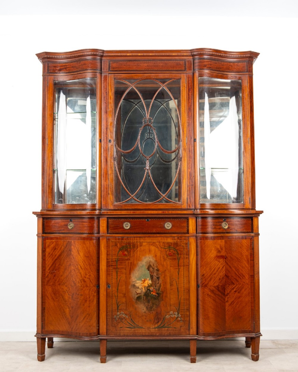 An Edwardian mahogany serpentine display cabinet featuring a central glazed door with geometric astragal glazing, glass side panels, and a hand-painted floral landscape panel on the lower central door. View IV