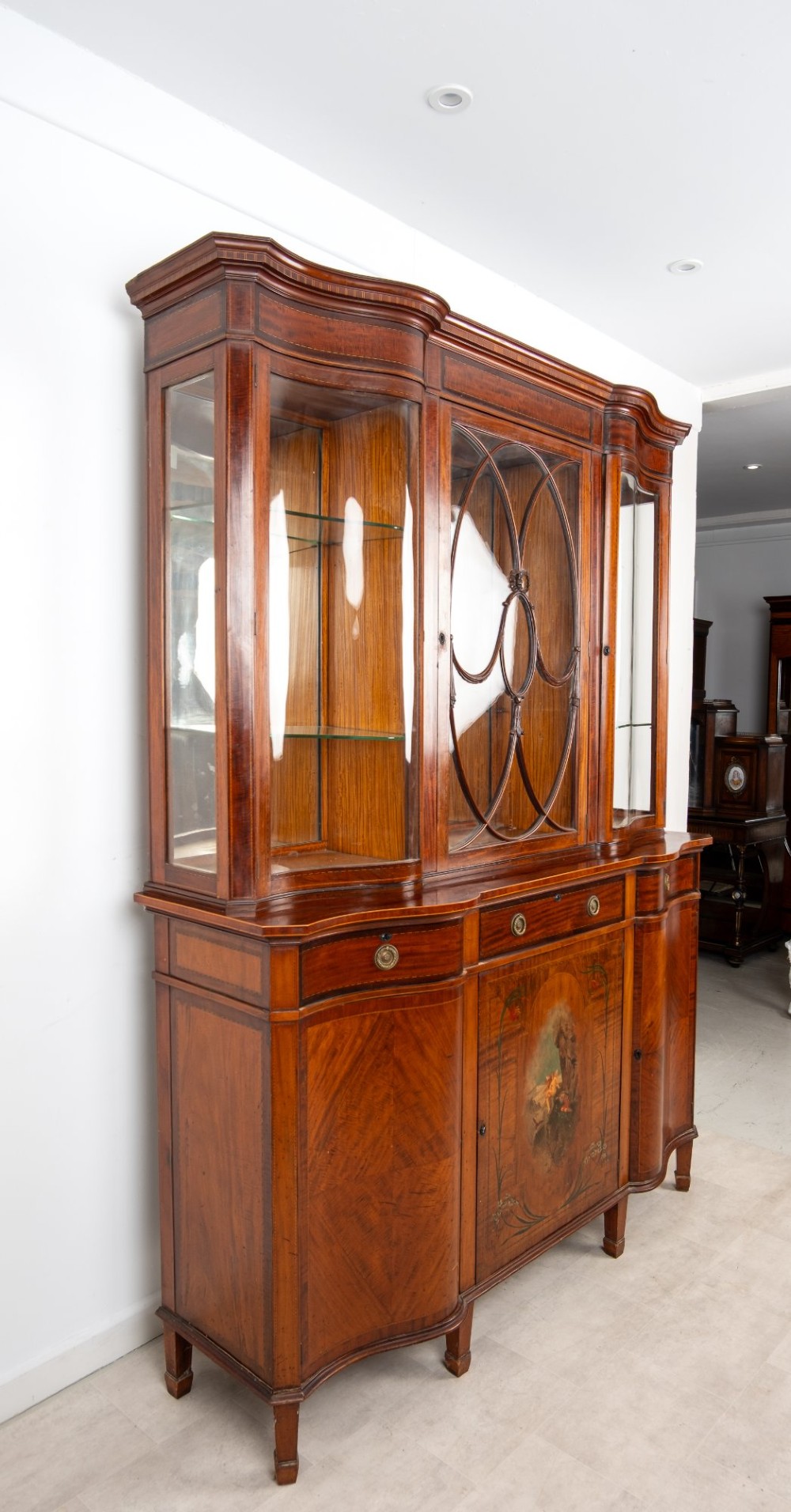 An Edwardian mahogany serpentine display cabinet featuring a central glazed door with geometric astragal glazing, glass side panels, and a hand-painted floral landscape panel on the lower central door. View VIII