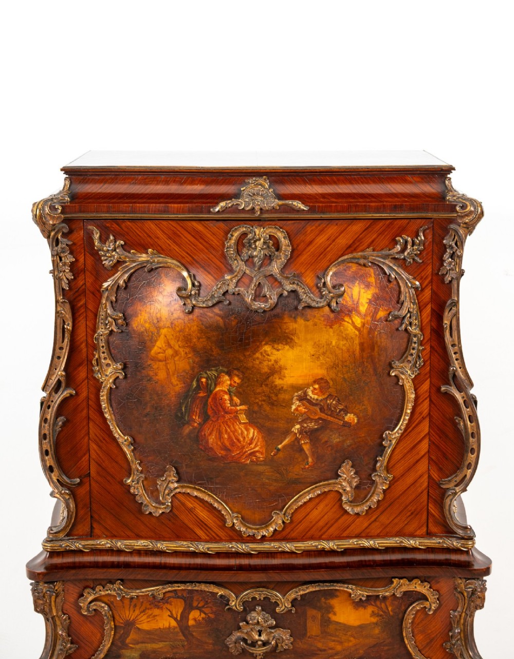 A French Louis XV style kingwood secretaire a abattant on cabriole legs, decorated with gilt bronze mounts and a hand-painted Vernis Martin scene on the fall-front flap. View IV