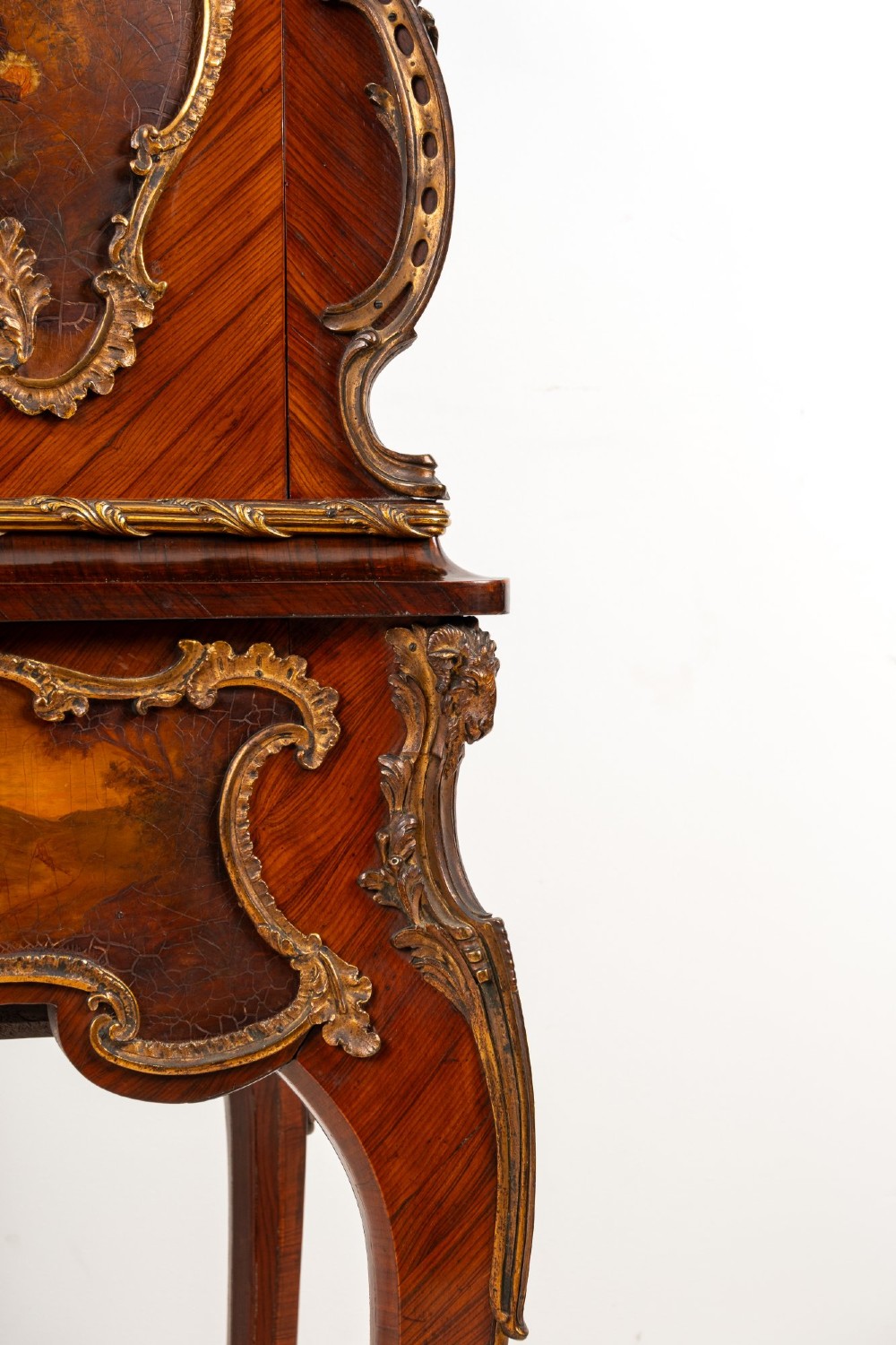 A French Louis XV style kingwood secretaire a abattant on cabriole legs, decorated with gilt bronze mounts and a hand-painted Vernis Martin scene on the fall-front flap. View VI