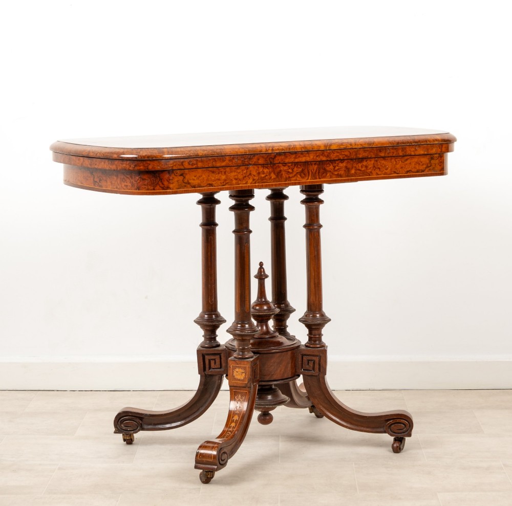 Antique Victorian Burr Walnut Fold Over Games Table c.1880 - Inlaid Card Table
