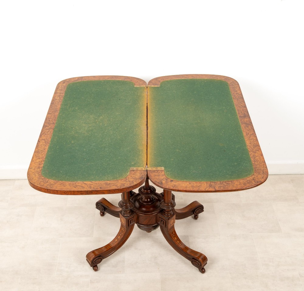 Antique Victorian Burr Walnut Fold Over Games Table c.1880 - Inlaid Card Table View VIII