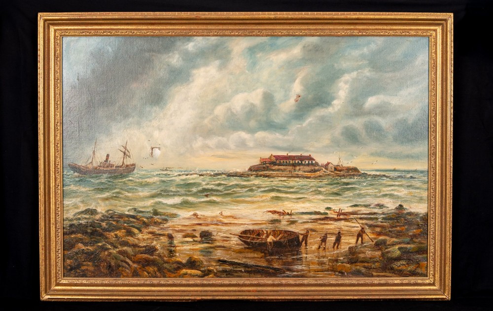 A 19th-century marine oil painting by Bernard Benedict Hemy set in a gilded frame, depicting St Marys Island, a steam-sail vessel, and figures working on a rocky shoreline. View II