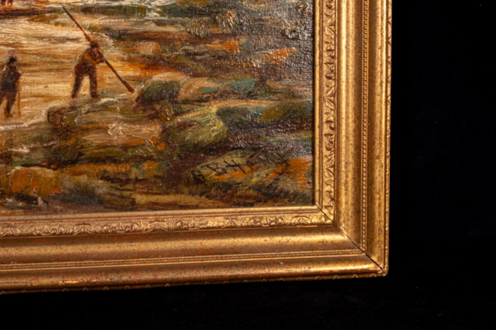 A 19th-century marine oil painting by Bernard Benedict Hemy set in a gilded frame, depicting St Marys Island, a steam-sail vessel, and figures working on a rocky shoreline. View III