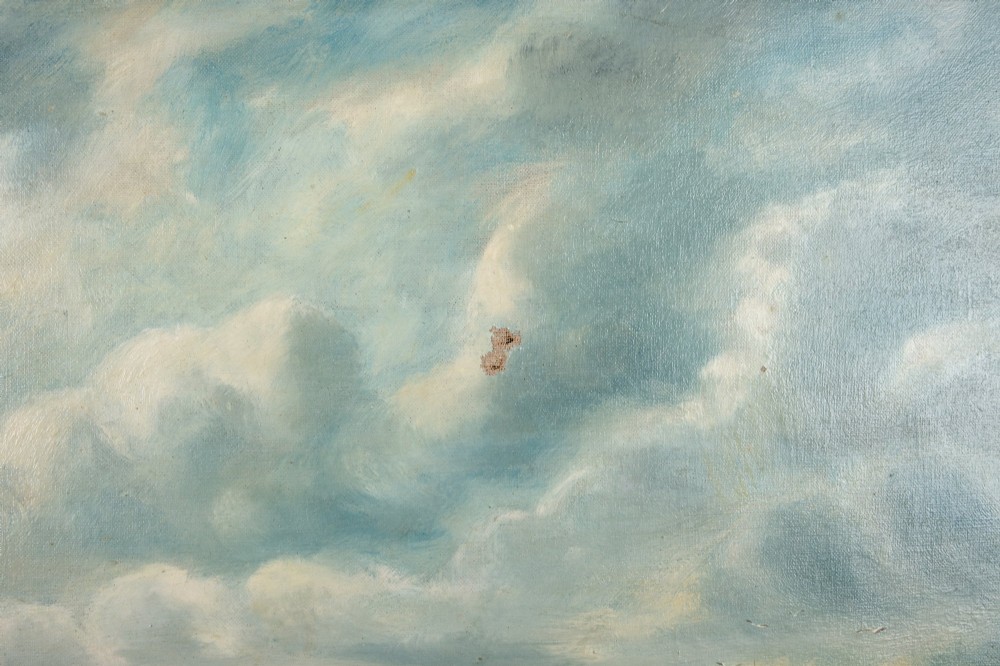A 19th-century marine oil painting by Bernard Benedict Hemy set in a gilded frame, depicting St Marys Island, a steam-sail vessel, and figures working on a rocky shoreline. View V