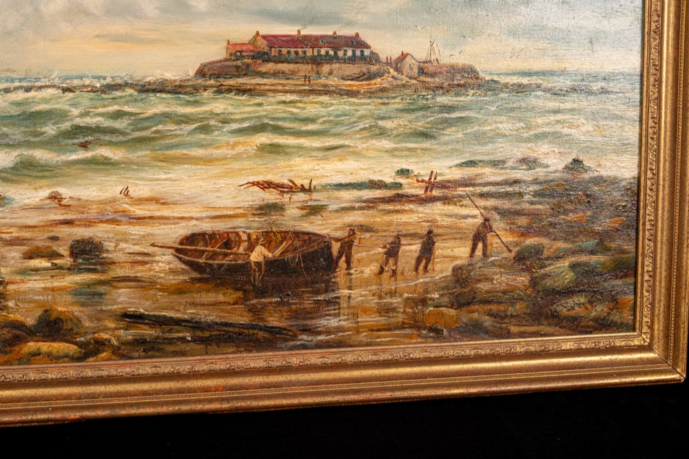 A 19th-century marine oil painting by Bernard Benedict Hemy set in a gilded frame, depicting St Marys Island, a steam-sail vessel, and figures working on a rocky shoreline. View VI