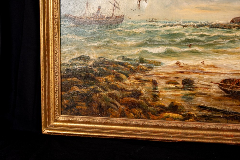 A 19th-century marine oil painting by Bernard Benedict Hemy set in a gilded frame, depicting St Marys Island, a steam-sail vessel, and figures working on a rocky shoreline. View VII