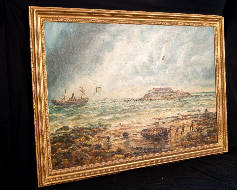 A 19th-century marine oil painting by Bernard Benedict Hemy set in a gilded frame, depicting St Marys Island, a steam-sail vessel, and figures working on a rocky shoreline. View VIII