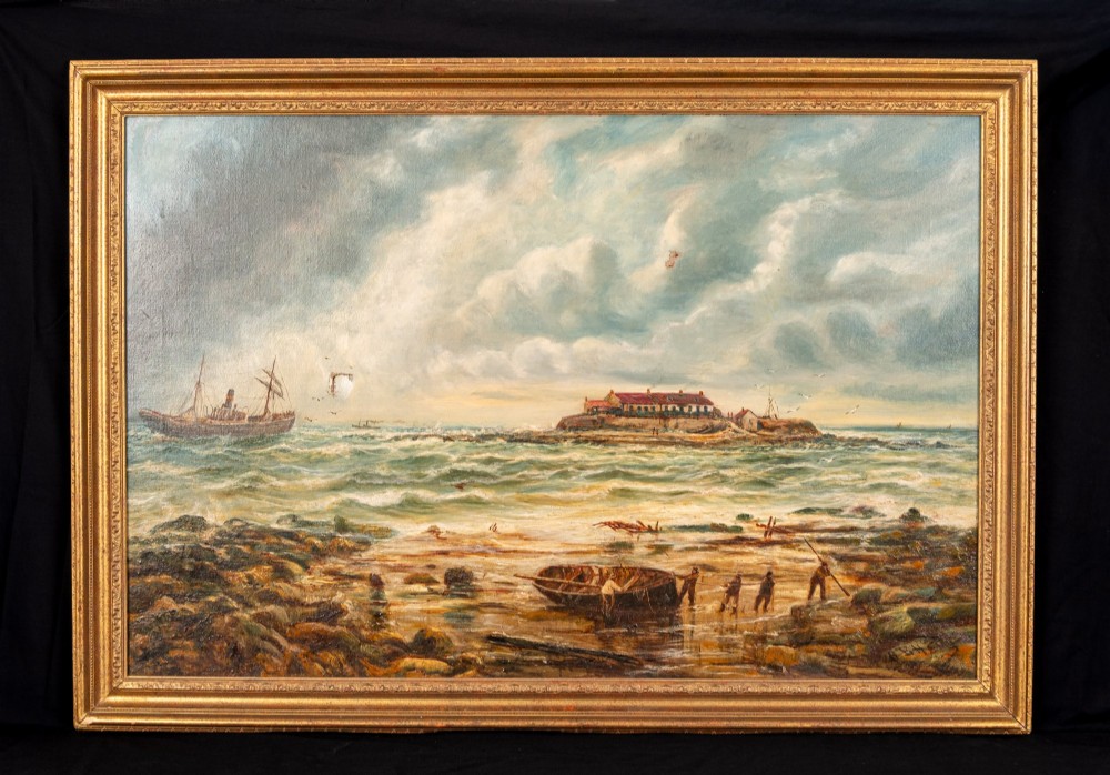 A 19th-century marine oil painting by Bernard Benedict Hemy set in a gilded frame, depicting St Marys Island, a steam-sail vessel, and figures working on a rocky shoreline. View IX
