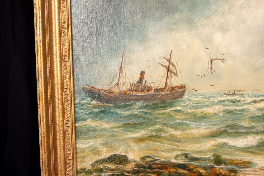 A 19th-century marine oil painting by Bernard Benedict Hemy set in a gilded frame, depicting St Marys Island, a steam-sail vessel, and figures working on a rocky shoreline. View X