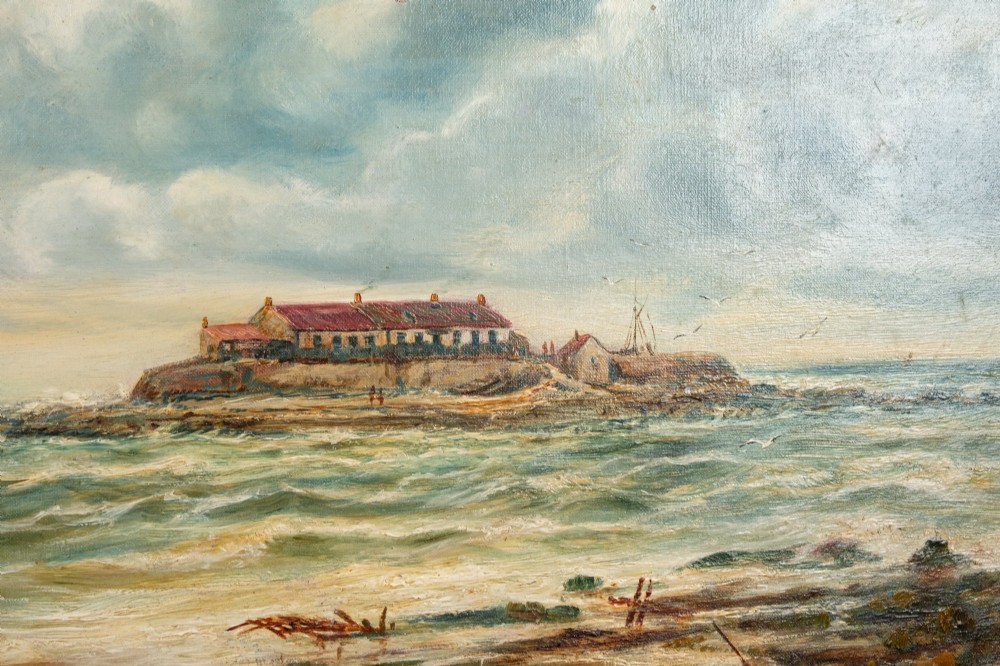 A 19th-century marine oil painting by Bernard Benedict Hemy set in a gilded frame, depicting St Marys Island, a steam-sail vessel, and figures working on a rocky shoreline. View XI