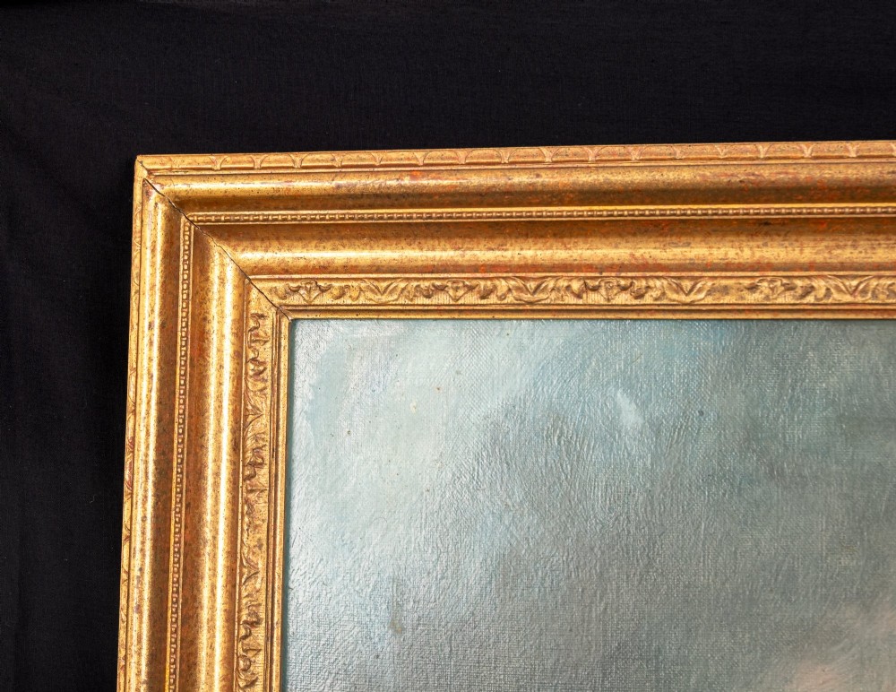 A 19th-century marine oil painting by Bernard Benedict Hemy set in a gilded frame, depicting St Marys Island, a steam-sail vessel, and figures working on a rocky shoreline. View XII