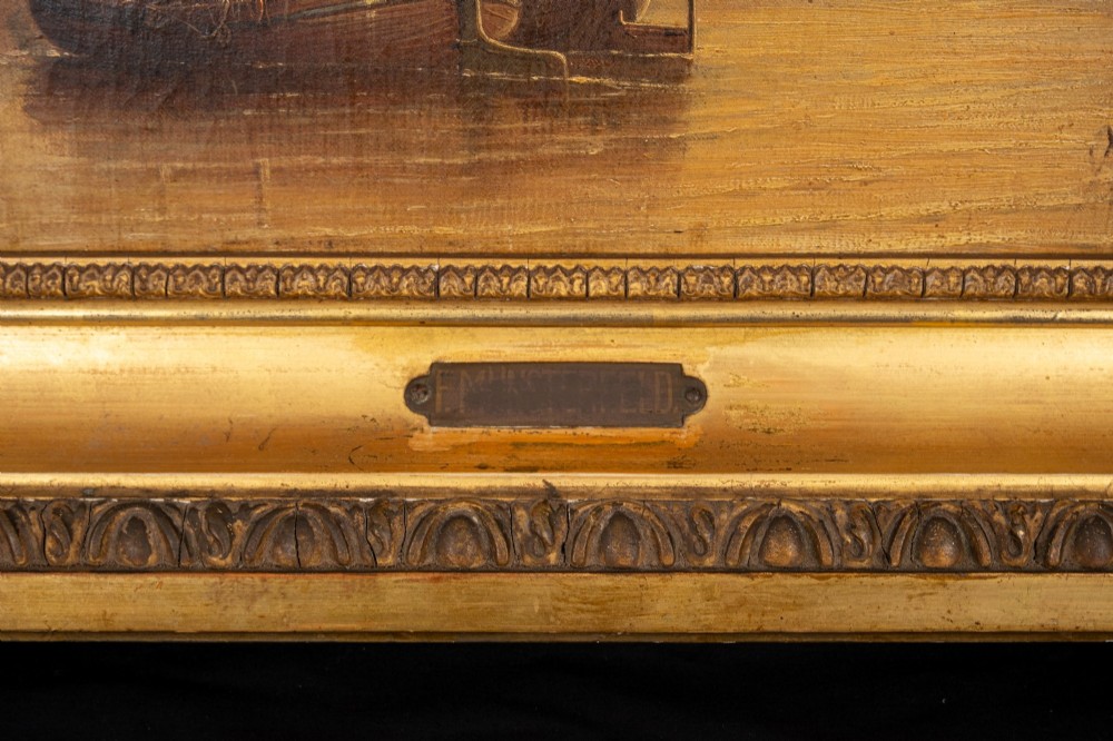 A 19th-century marine oil painting depicting sailing ships on calm water during sunset, presented in an ornate gilded wood frame. View IV