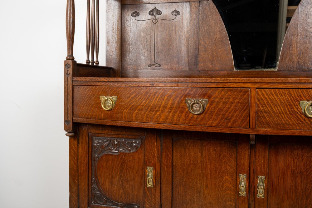 Antique Arts & Crafts Oak Sideboard with Mirror & Art Nouveau Detail c.1900 View VII