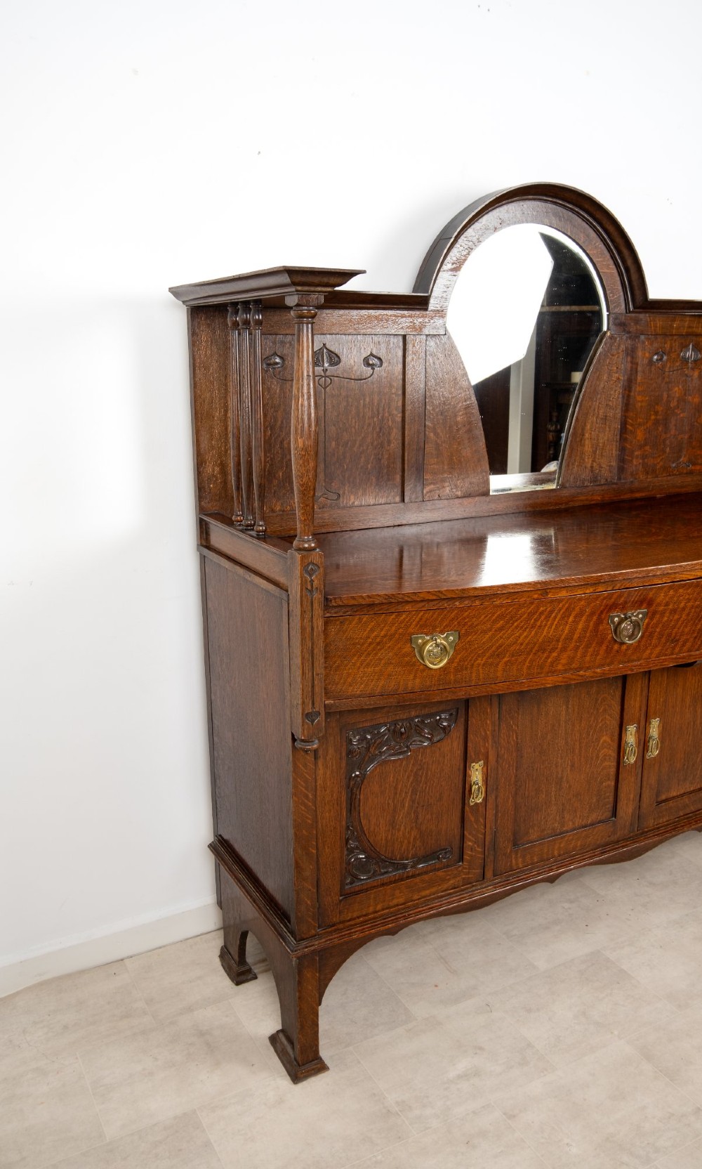 Antique Arts & Crafts Oak Sideboard with Mirror & Art Nouveau Detail c.1900 View XI