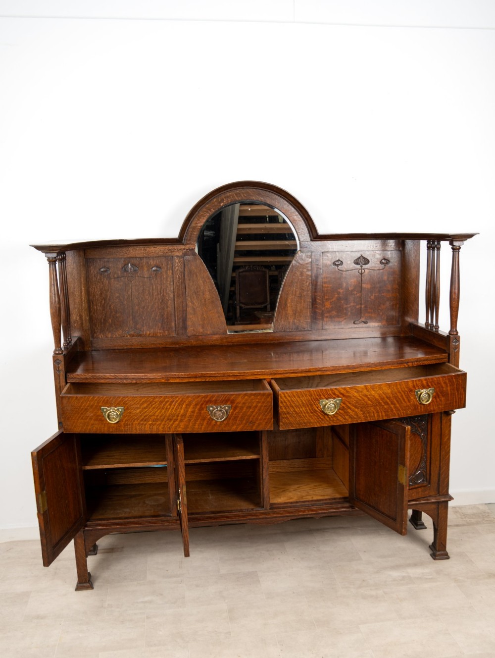 Antique Arts & Crafts Oak Sideboard with Mirror & Art Nouveau Detail c.1900 View XII
