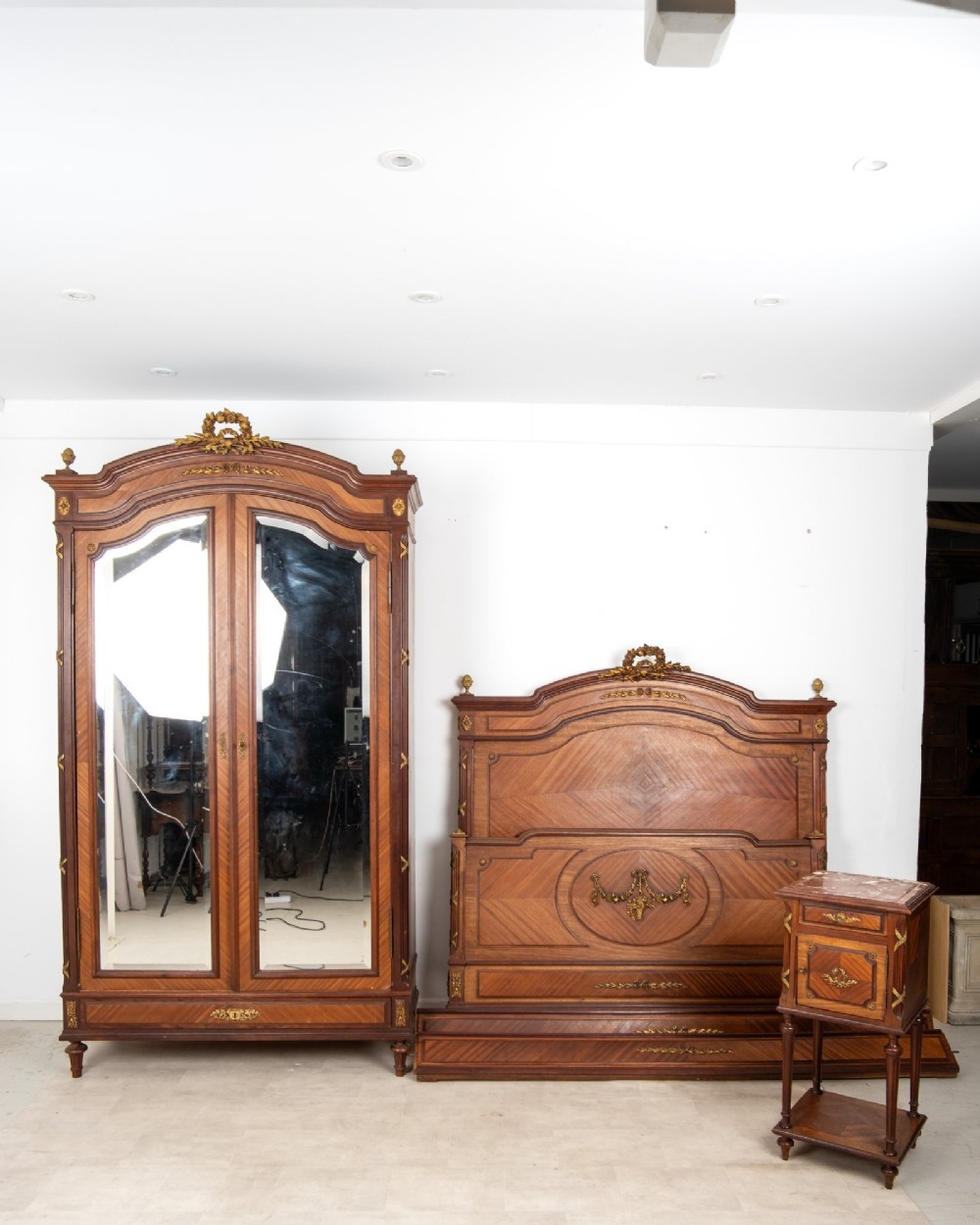 Antique French Louis XVI Revival Mahogany Bedroom Suite with Wardrobe & Bed c.1900