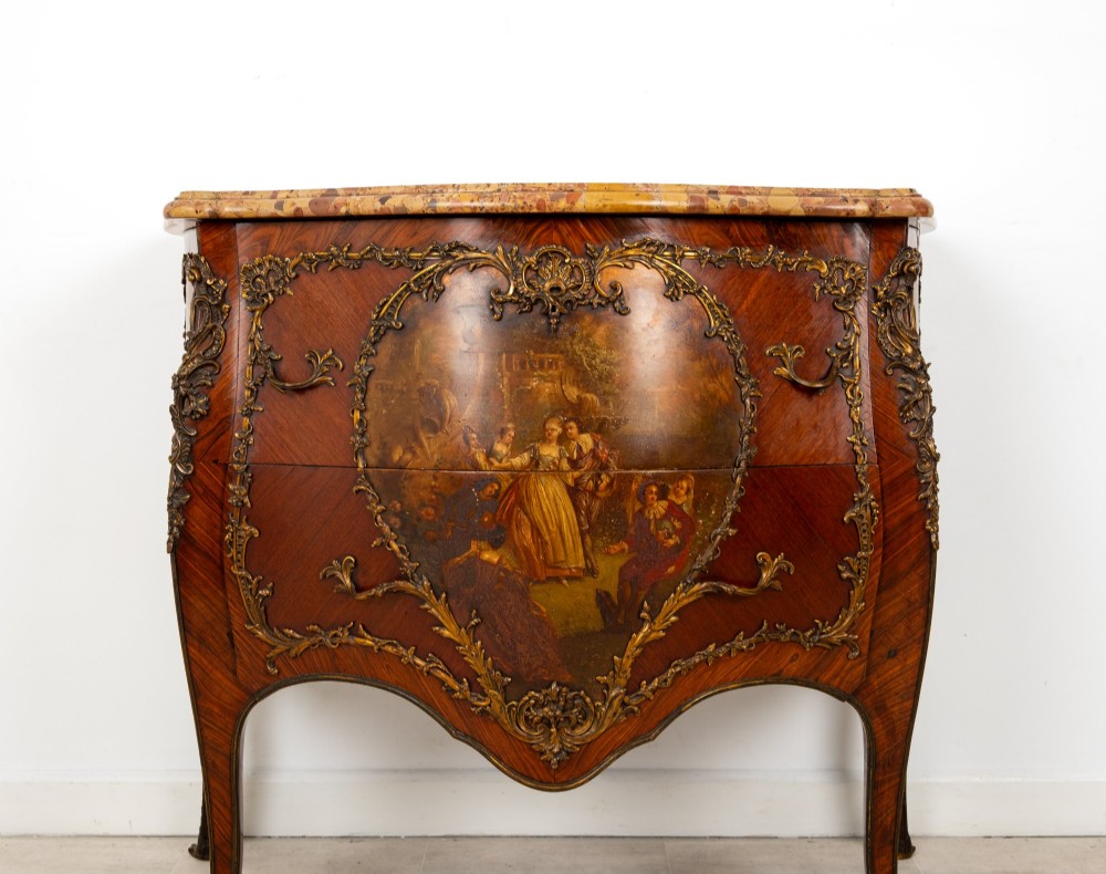 A French Louis XV revival bombee commode in kingwood with gilt-bronze mounts, a central hand-painted Vernis Martin scene, and a marble top. View VI
