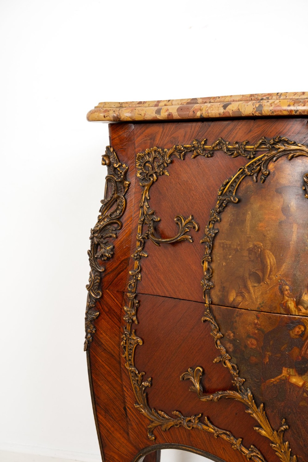 A French Louis XV revival bombee commode in kingwood with gilt-bronze mounts, a central hand-painted Vernis Martin scene, and a marble top. View VII
