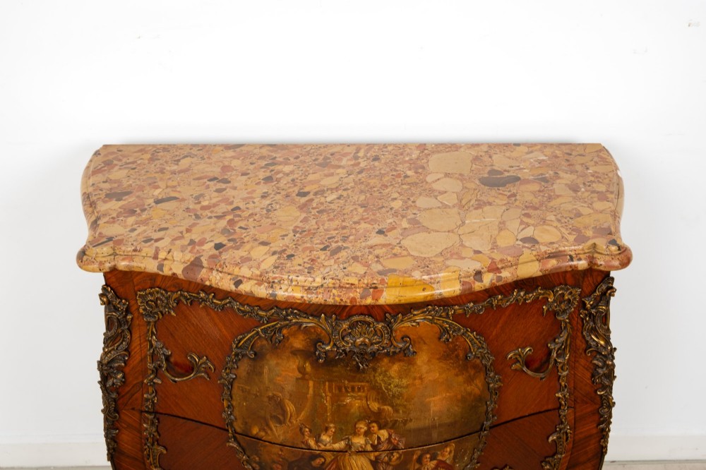 A French Louis XV revival bombee commode in kingwood with gilt-bronze mounts, a central hand-painted Vernis Martin scene, and a marble top. View IX