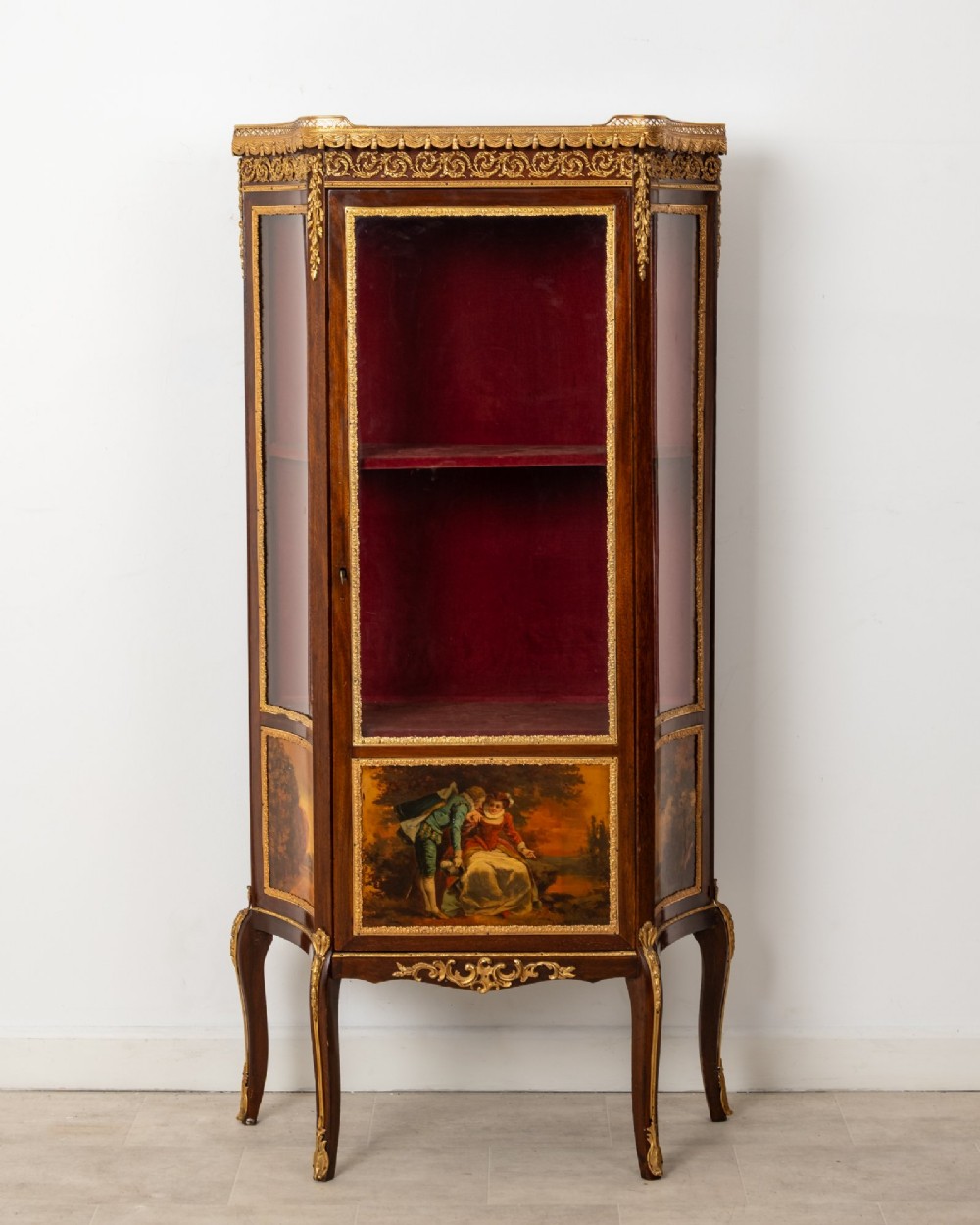 An antique French mahogany vitrine display cabinet featuring hand-painted Vernis Martin panels, gilt bronze mounts, cabriole legs, and a red velvet interior. View II