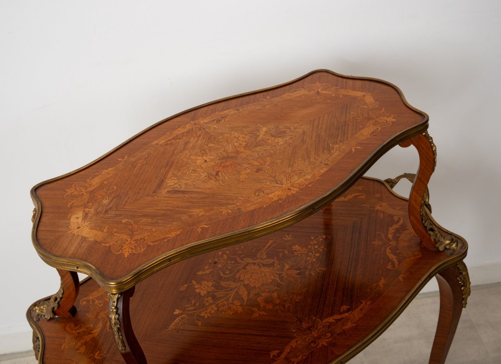 An antique Louis XV style two-tier kingwood side table featuring floral marquetry inlay, serpentine edges, and gilt-bronze mounts on cabriole legs. View VII