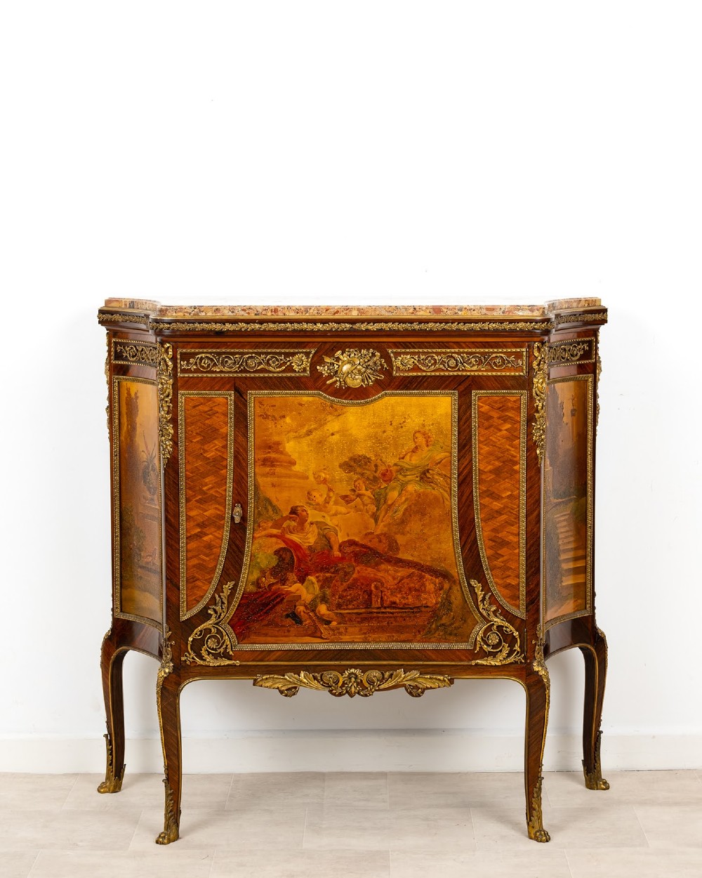 An antique French Louis XV revival side cabinet featuring hand-painted Vernis Martin panels, gilt-bronze mounts, and a shaped marble top. View II