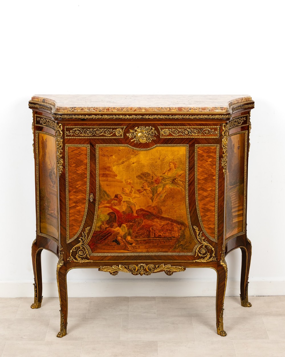 An antique French Louis XV revival side cabinet featuring hand-painted Vernis Martin panels, gilt-bronze mounts, and a shaped marble top. View III