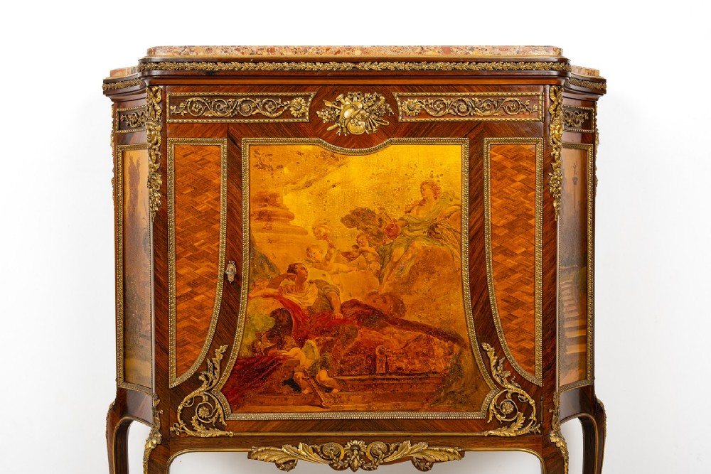 An antique French Louis XV revival side cabinet featuring hand-painted Vernis Martin panels, gilt-bronze mounts, and a shaped marble top. View IV