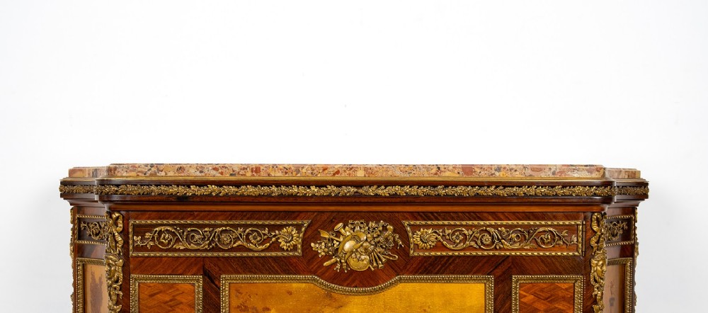 An antique French Louis XV revival side cabinet featuring hand-painted Vernis Martin panels, gilt-bronze mounts, and a shaped marble top. View V