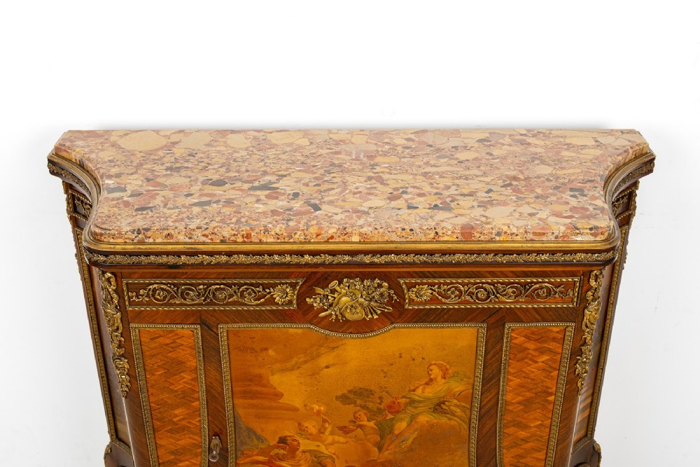 An antique French Louis XV revival side cabinet featuring hand-painted Vernis Martin panels, gilt-bronze mounts, and a shaped marble top. View IX