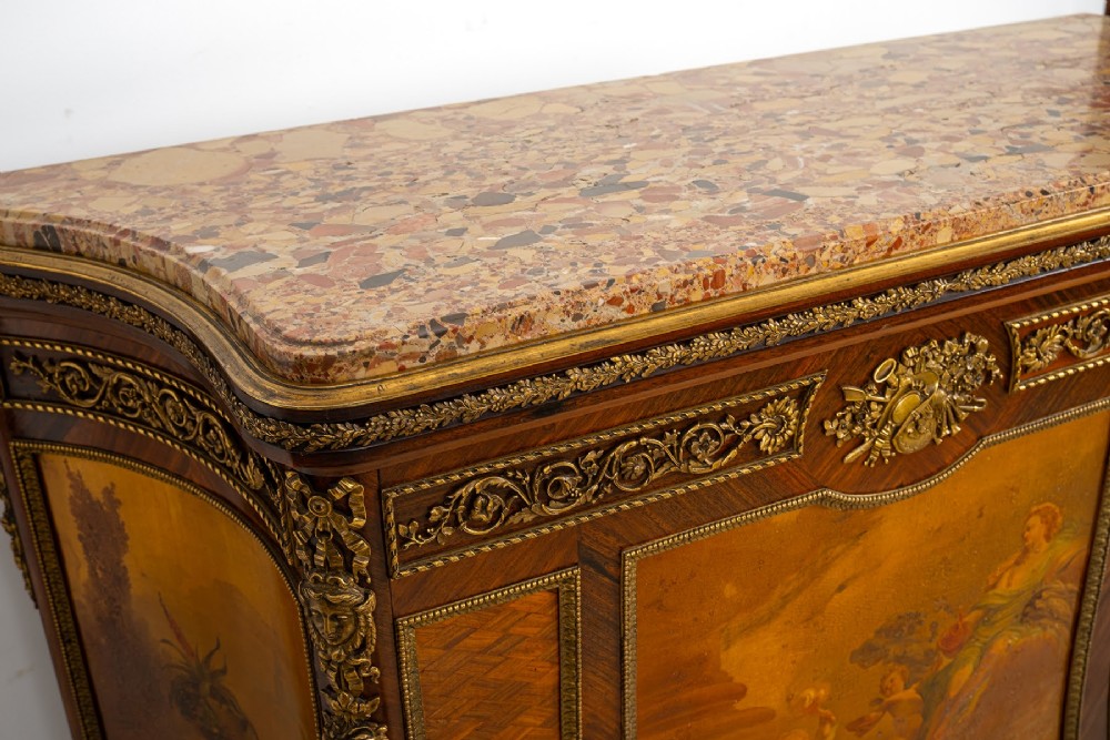 An antique French Louis XV revival side cabinet featuring hand-painted Vernis Martin panels, gilt-bronze mounts, and a shaped marble top. View X
