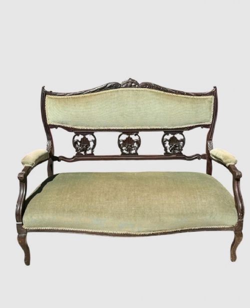 ANTIQUE VICTORIAN CARVED MAHOGANY SETTEE SOFA GREEN UPHOLSTERED TWO SEATER