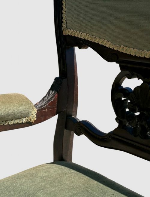 ANTIQUE VICTORIAN CARVED MAHOGANY SETTEE SOFA GREEN UPHOLSTERED TWO SEATER - ADDITIONAL PHOTO 4