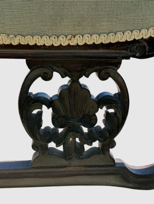 ANTIQUE VICTORIAN CARVED MAHOGANY SETTEE SOFA GREEN UPHOLSTERED TWO SEATER - ADDITIONAL PHOTO 5