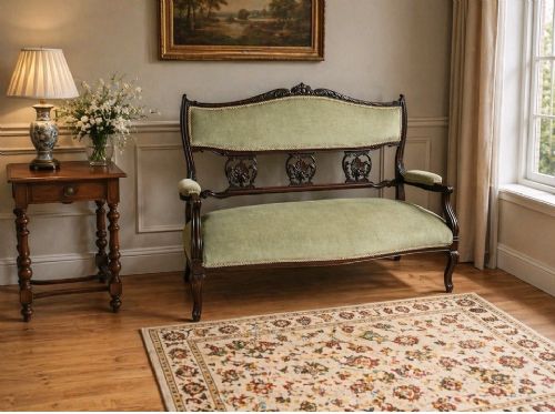 ANTIQUE VICTORIAN CARVED MAHOGANY SETTEE SOFA GREEN UPHOLSTERED TWO SEATER - ADDITIONAL PHOTO 6
