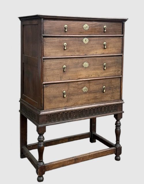 18TH CENTURY ANTIQUE OAK CHEST ON STAND GEORGIAN CABINET DRAWER STORAGE CUPBOARD - ADDITIONAL PHOTO 1