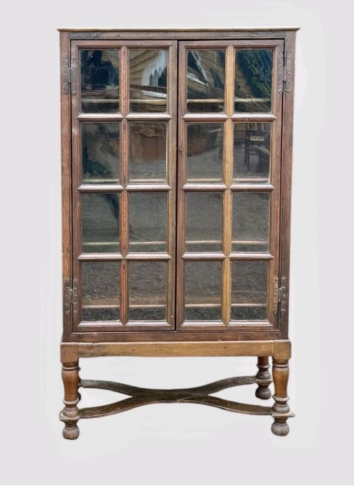 ANTIQUE 19TH CENTURY OAK DISPLAY CABINET BOOKCASE GLAZED DOORS SHELVING