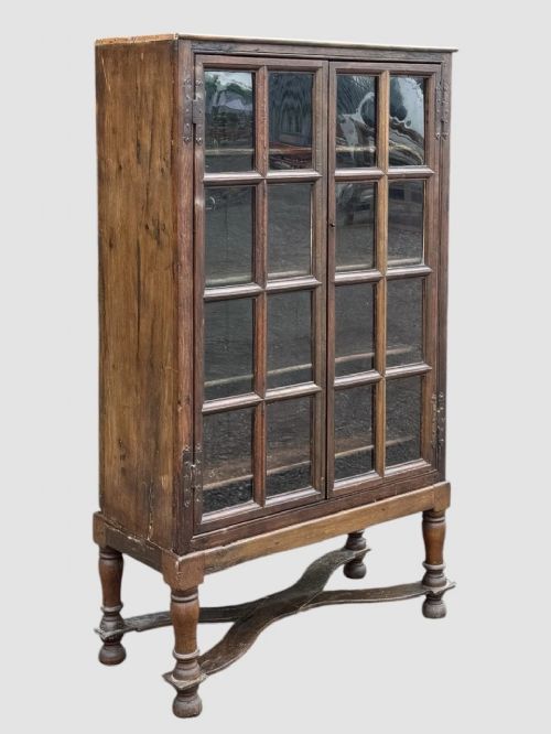 ANTIQUE 19TH CENTURY OAK DISPLAY CABINET BOOKCASE GLAZED DOORS SHELVING - ADDITIONAL PHOTO 1
