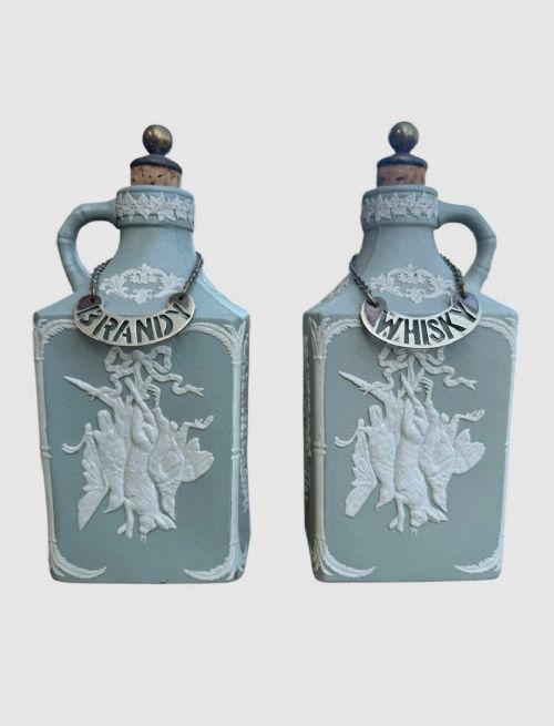 ANTIQUE PAIR 19TH CENTURY JASPER SPIRIT FLAGONS DECANTERS COLLECTIBLE