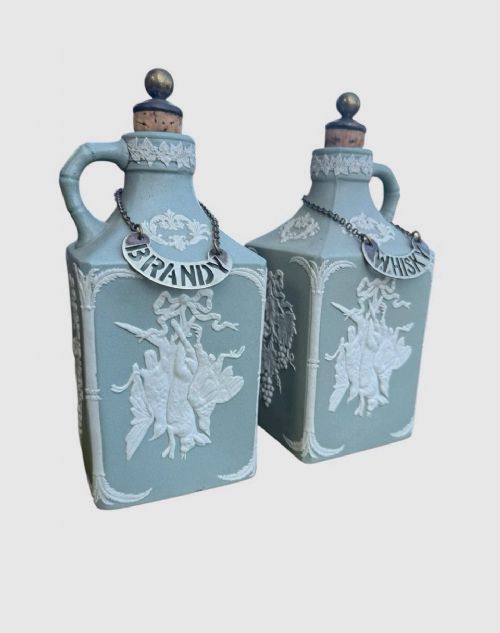 ANTIQUE PAIR 19TH CENTURY JASPER SPIRIT FLAGONS DECANTERS COLLECTIBLE - ADDITIONAL PHOTO 1